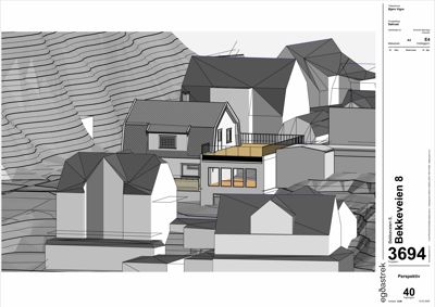3D-perspektivtegning av et boligområde med flere hus og terrengform.
