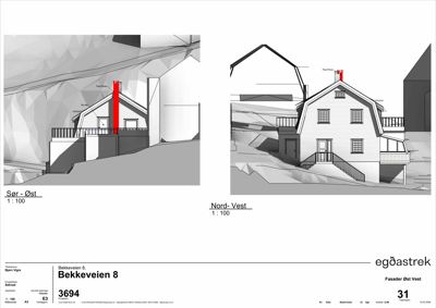 Fasadetegning av en bolig sett fra øst og vest, med merking av retninger og skala.