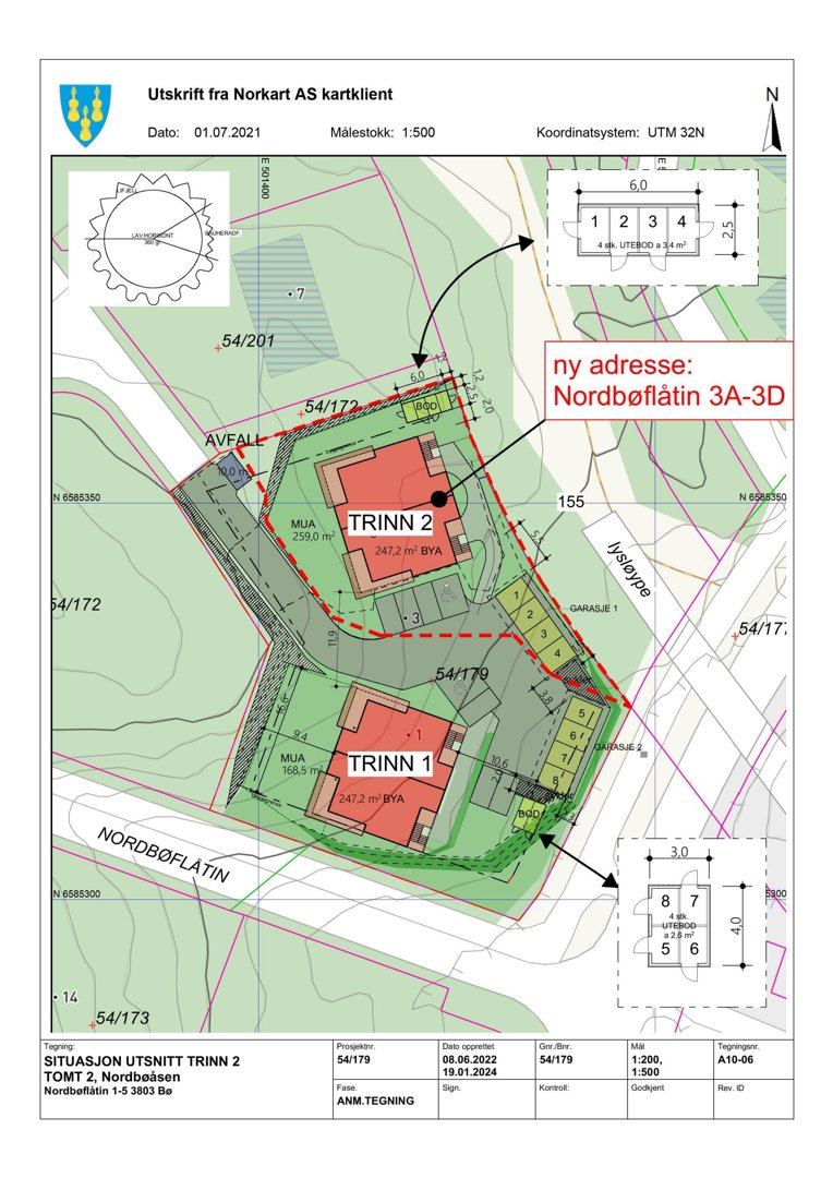 Situasjonsplan som viser tomtens beliggenhet, bygningers plassering (TRINN 1 og TRINN 2), arealer (BYA, MUA) og nye adresser.