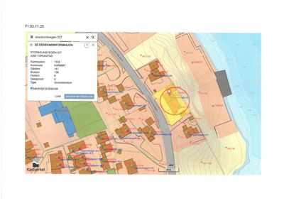 Kart over et område med bygningsplasseringer, høydemålinger og eiendomsinformasjon.