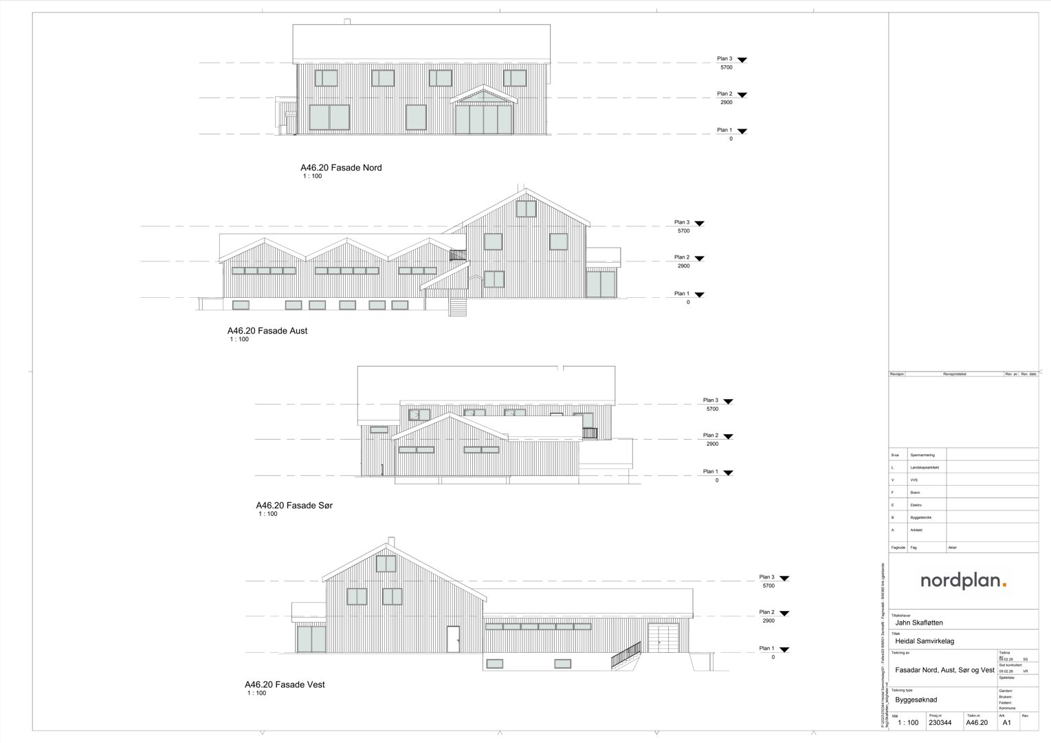 Fasadetegning som viser bygningens utseende fra fire sider (Nord, Aust, Sør og Vest).