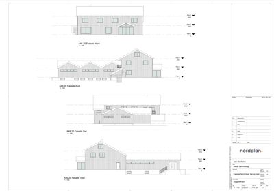 Fasadetegning som viser bygningens utseende fra fire sider (Nord, Aust, Sør og Vest).