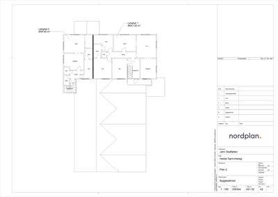 Etasjeplan (Plan 2) som viser romfordeling og arealer for to leiligheter.