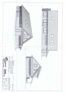 Fasadetegning som viser bygningens utsyn fra tre ulike vinkler (front, side og bakside).