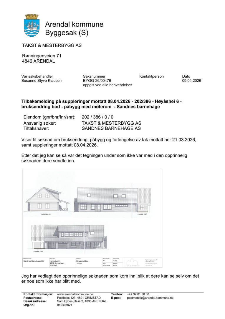 Tegning som viser fasadeopprikk (FRONT, SIDE, REAR) av et planlagt bygg.