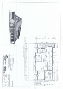 Etasjeplan (etasjefordeling) med romfordeling, dimensjoner og en illustrasjon av fasaden.