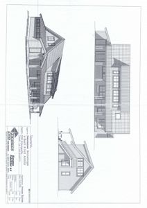 Fasadetegning som viser bygningens utseende fra tre ulike vinkler (perspektiv, side og front).