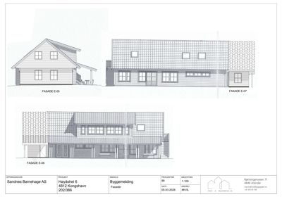 Fasadetegning som viser tre ulike sider (E-05, E-06 og E-07) av en planlagt bygning med detaljer om vinduer, tak og fasadematerialer.