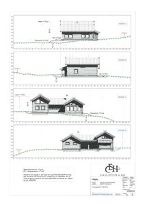 Bildet viser fire forskjellige fasadeoppsett (Profil A-D) for en hytte, inkludert høydeangivelser og terrengforhold.
