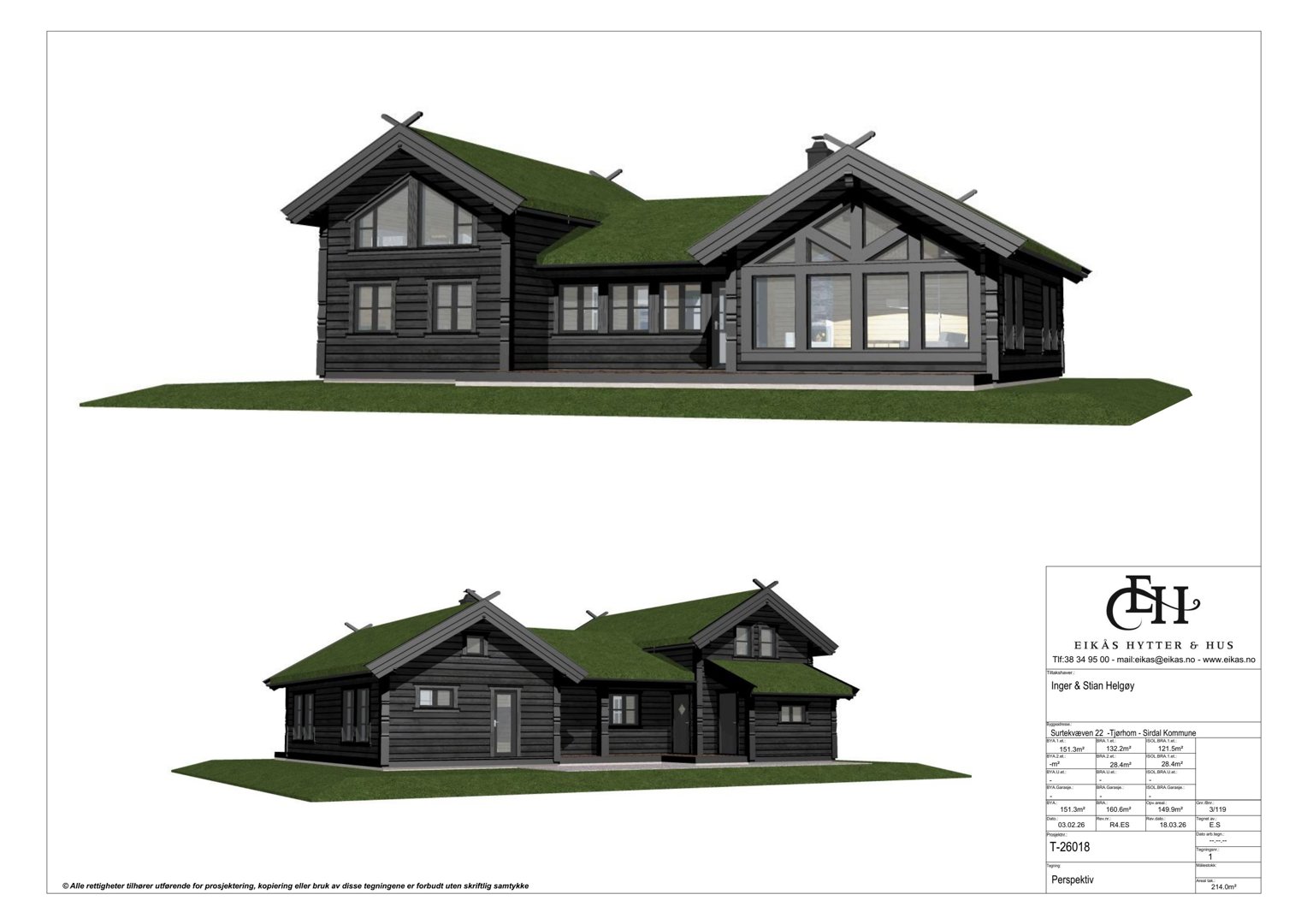 3D-visualisering av en hytte fra to ulike vinkler (fra siden og fra fronten).