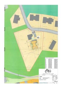 Situasjonsplan som viser tomtens grenser, nabolag, veier og plassering av bygninger med koordinater.
