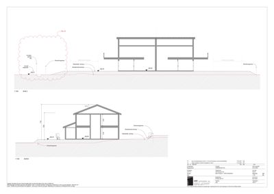Snittegning som viser bygningens tverrsnitt, høyder, takform og grunnforhold.