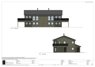 Fasadetegning som viser bygningens utseende fra to sider (Sør og Øst) med mål 1:100.