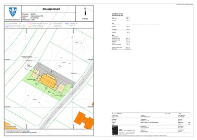 Situasjonskart som viser eiendomsnummer, adresse, datum, målestokk, bygningers plassering på tomten, arealopplysninger (BTA, BRA) og nabolag.