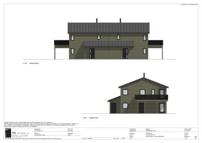 Fasadetegning som viser bygningens utseende fra nord og vest.