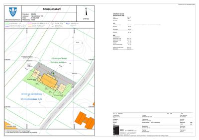 Situasjonskart som viser eiendomsnummer, adresse, datum, målestokk, retning (N), bygningers plassering, tomtegrenser, vegger, vannledninger, stoppekraner og andre tekniske detaljer knytt til tomt og bygning.