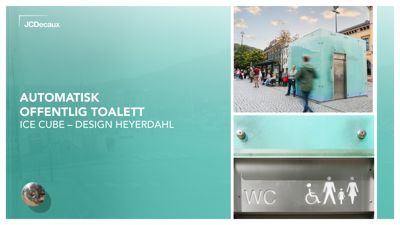 Bildet viser en presentasjonsside med tekst og to fotografier av et offentlig toalett (ICE CUBE).