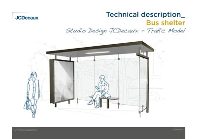 En 3D-visualisering eller illustrasjon av en busshytt med en person som sitter inne og en som går forbi.