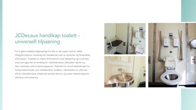 Fotografier av et universelt tilpasset toalett med tilhørende tekstbeskrivelse.