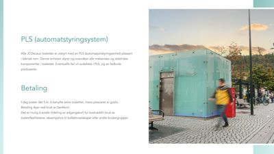 Fotografi av en blå WC-boks (PLS) på en gate.