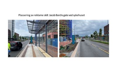 Fotografier av en gate og en bussholdeplass med en blå pil som peker på en plassering for et reklameskilt.