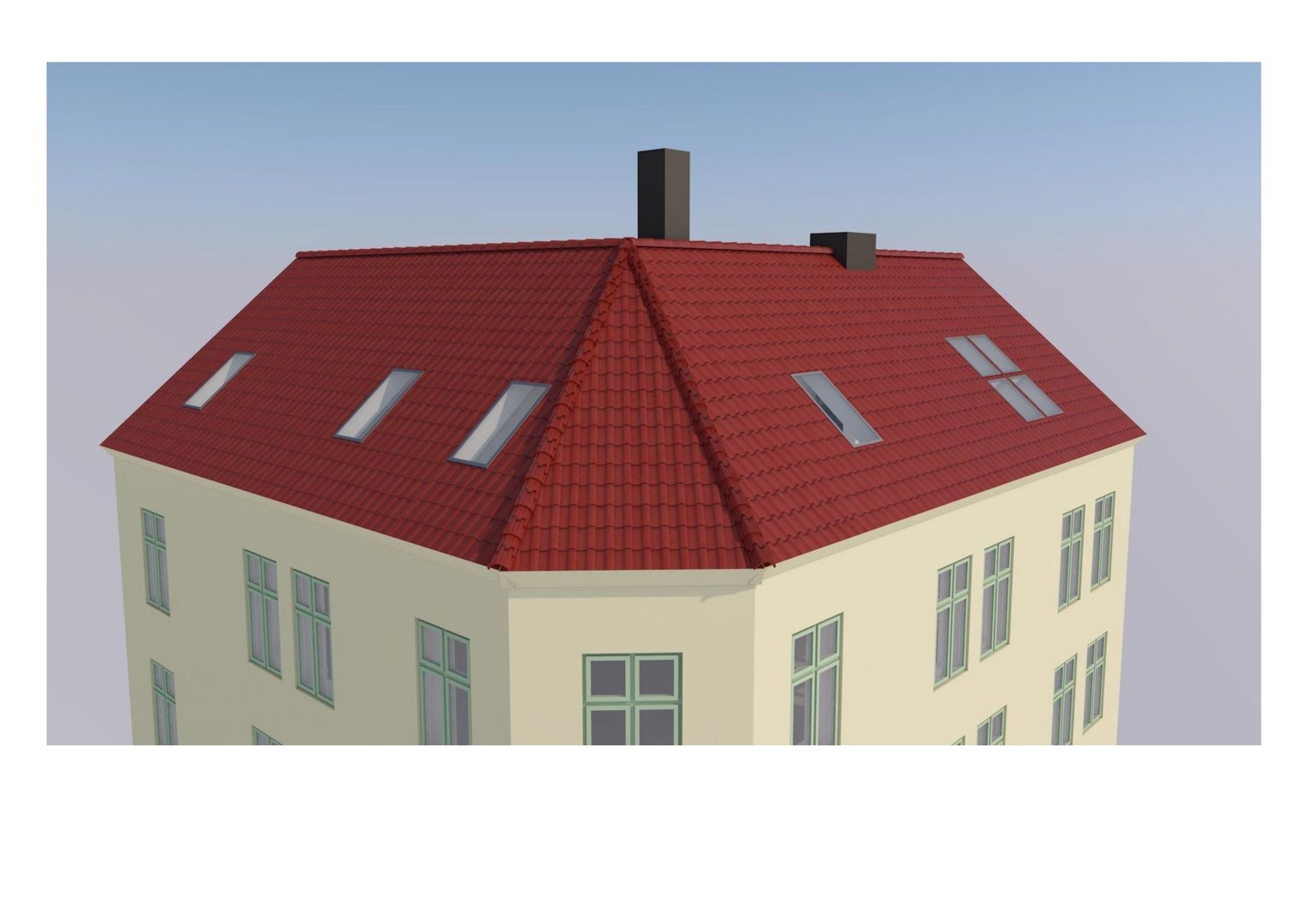 3D-visualisering av en bygning sett fra en vinkel som viser taket med taklyster, skorstein og fasade med vinduer.