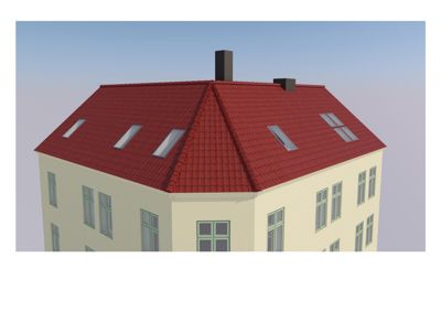 3D-visualisering av en bygning sett fra en vinkel som viser taket med taklyster, skorstein og fasade med vinduer.