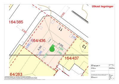 Situasjonsplan (Basis kart) som viser tomtedeling, eiendomsnummer (164/385, 164/436, 164/437, 64/283), bygningers plassering og dimensjoner.