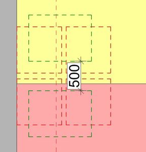 En teknisk detaljtegning som viser en dimensjonering (500) og geometriske referanser (punktlinjer og skisselinjer) for en konstruksjon.