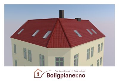 3D-visualisering av et hus sett fra en vinkel som viser tak, fasade og vinduer.