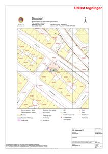 Basiskart som viser eiendomsgrenser, eksisterende bygninger, planlagte tiltak og infrastruktur i området.