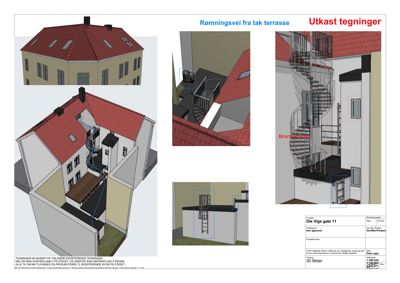 3D-visualiseringer av en bygning med fokus på en branntrapp og takterrasse.