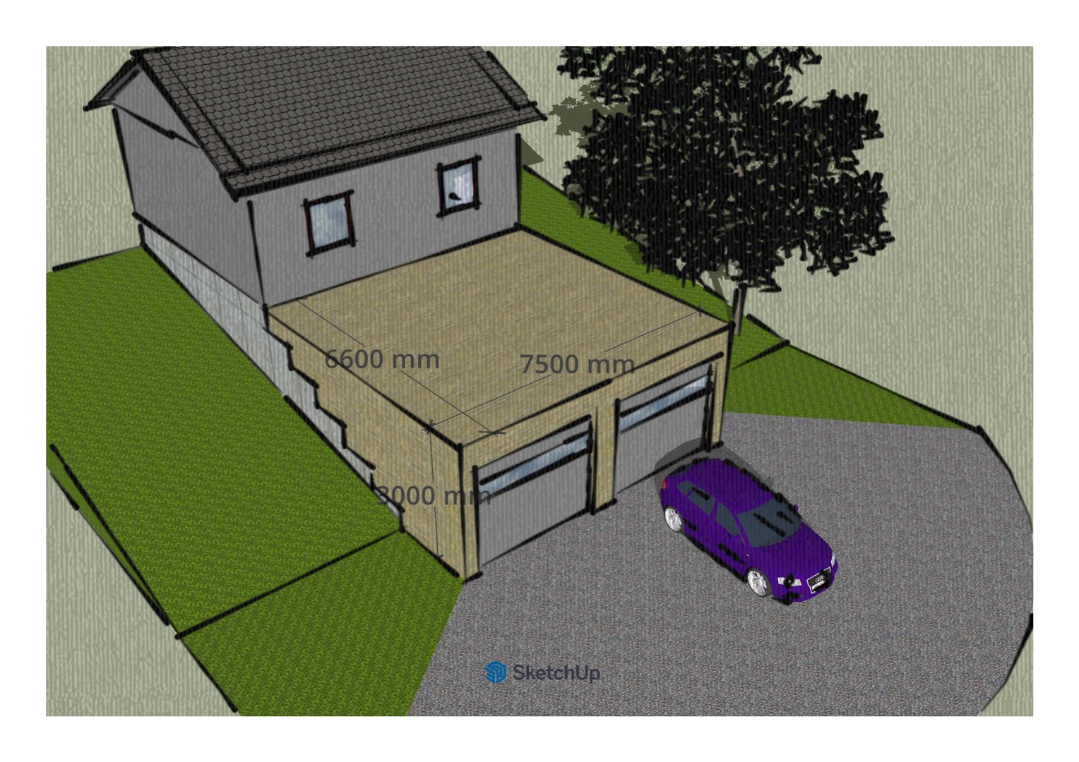 3D-visualisering av en bolig med garasje og tilhørende hage og kjørevei.