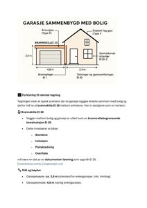 Teknisk tegning som viser en garasje sammenbygget med bolig, inkludert mål, materialer og brannskille.