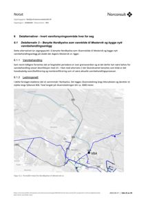 Kart som viser foreslått trasé for råvannsledning fra Nordbyelva til Mestervik vannverk.