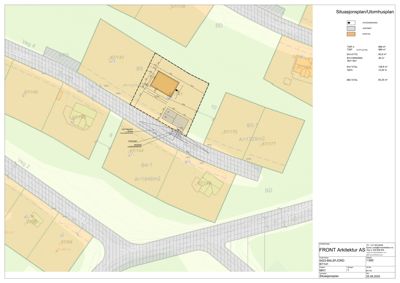 Situasjonsplan (tomteplan) som viser bygningens plassering i forhold til nabolag, vegger og arealoppdelinger.