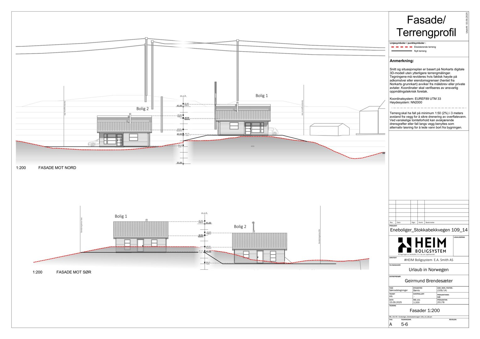 Fasadetegning med terrengprofil (opp- og nedriss) som viser bygningens høyde i forhold til terrenget.
