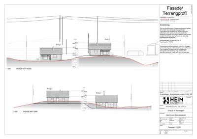 Fasadetegning med terrengprofil (opp- og nedriss) som viser bygningens høyde i forhold til terrenget.