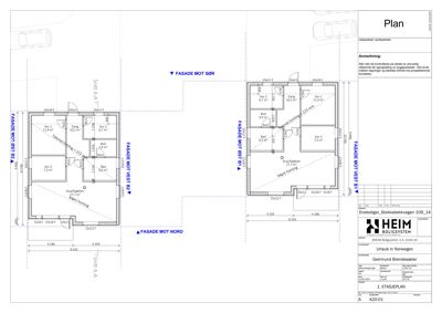 Etasjeplan (1. ETASJEPLAN) som viser romfordeling, størrelser og fasaderetning for en bolig.