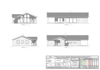 Fasadetegninger som viser bygningens utseende fra fire ulike vinkler (for, bak, venstre og høyre side).