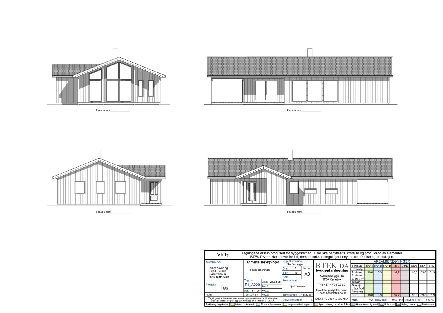Fasadetegninger som viser bygningens utseende fra fire ulike vinkler (for, bak, venstre og høyre side).