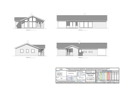 Fasadetegninger som viser bygningens utseende fra fire ulike vinkler (for, bak, venstre og høyre side).