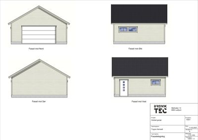 Fasadetegning som viser fire utsnitt av en dobbel garasje sett fra nord, øst, sør og vest.