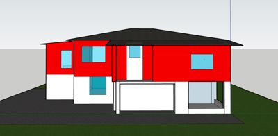 Fasadetegning som viser fronten på en toetasjes bolig med røde og hvite fasadeelementer, vinduer og en garasje.