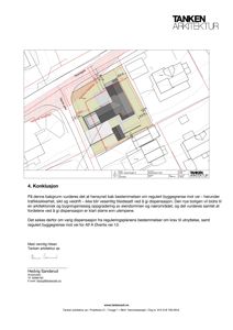 Situasjonsplan som viser bygningens plassering i forhold til naboeiendommer, veier og reguleringsplanens byggegrenser.