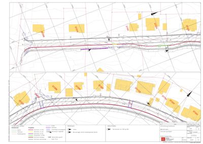 Situasjonsplan som viser tomters grenser (gule felter med arealnummer), eksisterende og planlagt vegnett (røde og blå linjer), samt topografi og infrastruktur i området.