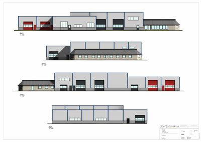 Fasadetegning som viser bygningens utseende fra fire sider (Sør, Vest, Nord og Øst).