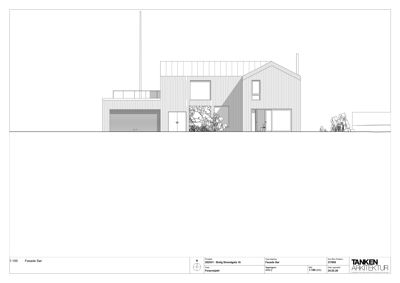 Fasadetegning som viser bygningens utside med detaljer om materialer, vinduer og inngang.