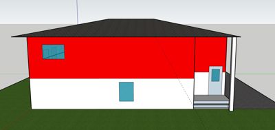 3D-visualisering (rendering) av en bygning sett fra siden, med enkle farger for å illustrere fasade og form.