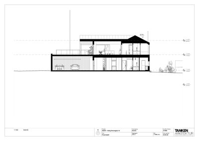 Snittegning (Snitt B) som viser bygningens tverrsnitt, høyder, romfordeling og konstruksjon.